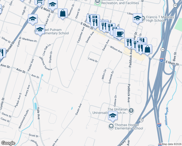 map of restaurants, bars, coffee shops, grocery stores, and more near 215 Swain Avenue in Meriden