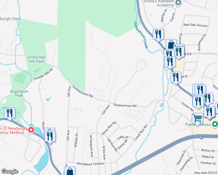 map of restaurants, bars, coffee shops, grocery stores, and more near 90 Gardnertown Road in Newburgh