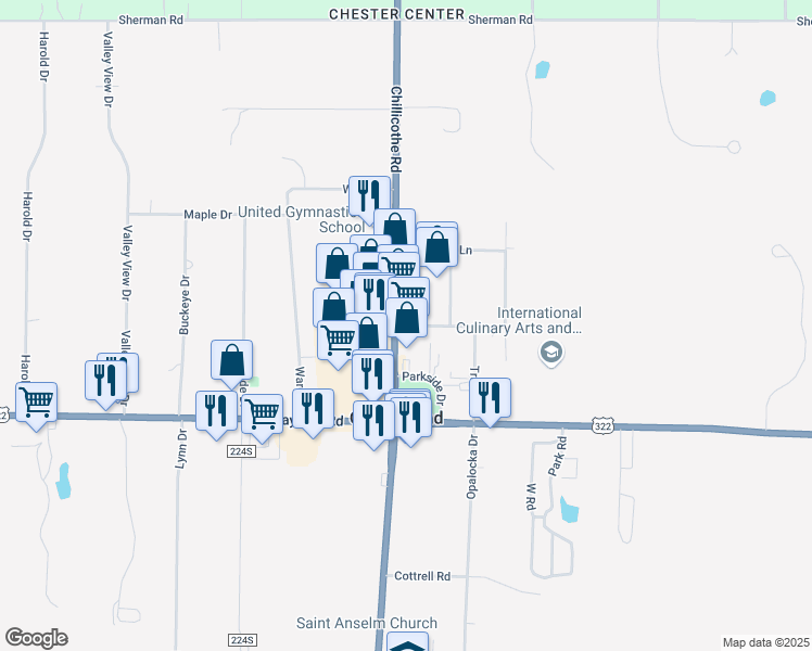 map of restaurants, bars, coffee shops, grocery stores, and more near 12661 Chillicothe Road in Chesterland