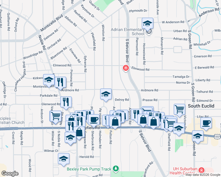 map of restaurants, bars, coffee shops, grocery stores, and more near 1303 Avondale Road in South Euclid