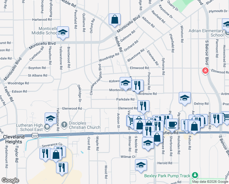 map of restaurants, bars, coffee shops, grocery stores, and more near 3851 Parkdale Road in Cleveland Heights