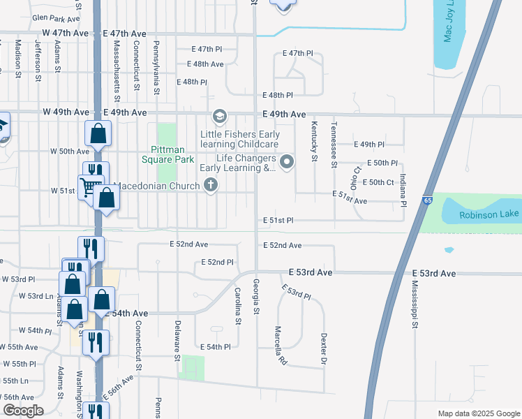 map of restaurants, bars, coffee shops, grocery stores, and more near 5154 Rhode Island Court in Gary