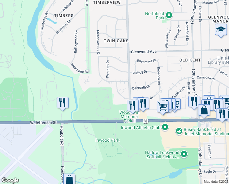 map of restaurants, bars, coffee shops, grocery stores, and more near 107 Twin Oaks Drive in Joliet