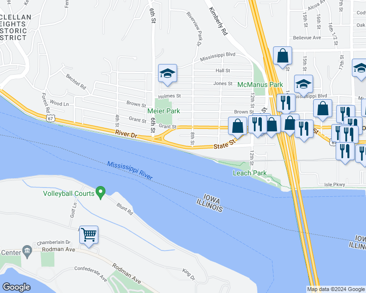 map of restaurants, bars, coffee shops, grocery stores, and more near 738 River Drive in Bettendorf
