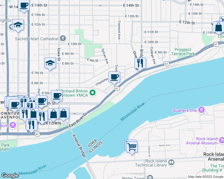 map of restaurants, bars, coffee shops, grocery stores, and more near 736 East River Drive in Davenport