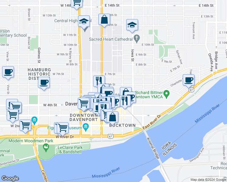 map of restaurants, bars, coffee shops, grocery stores, and more near 422 North Perry Street in Davenport