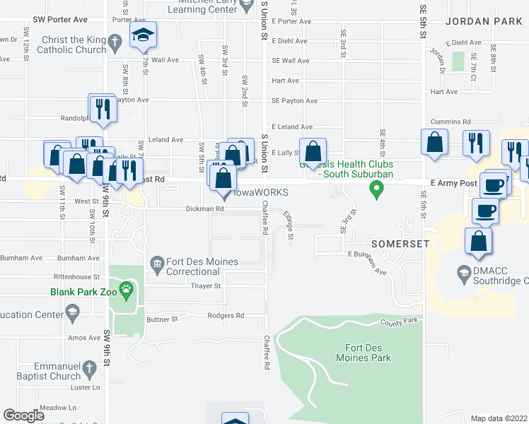 map of restaurants, bars, coffee shops, grocery stores, and more near 6514 Chaffee Road in Des Moines