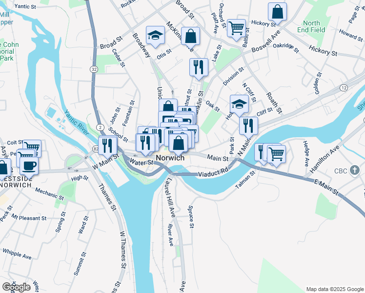 map of restaurants, bars, coffee shops, grocery stores, and more near 1 Franklin Street in Norwich