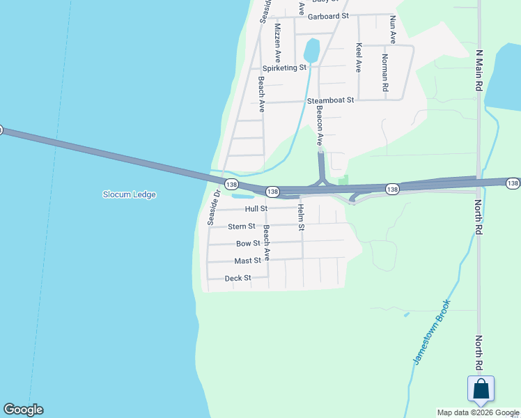 map of restaurants, bars, coffee shops, grocery stores, and more near 44 Hull Street in Jamestown
