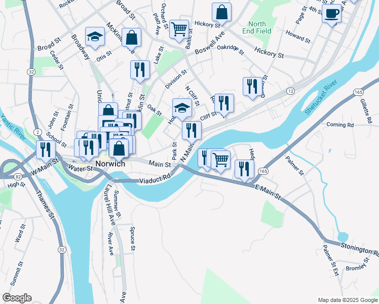 map of restaurants, bars, coffee shops, grocery stores, and more near 27 North Main Street in Norwich