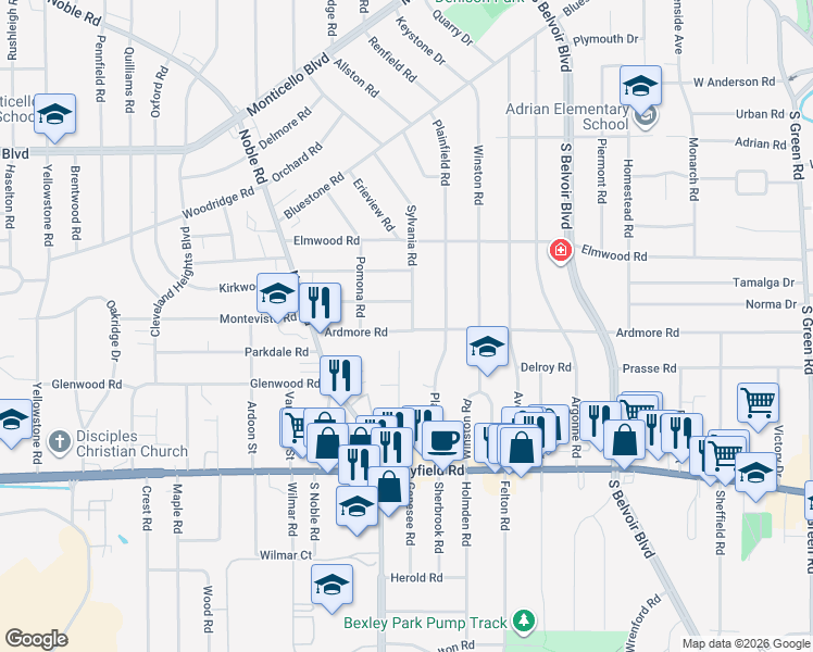 map of restaurants, bars, coffee shops, grocery stores, and more near 4028 Ardmore Road in Cleveland Heights