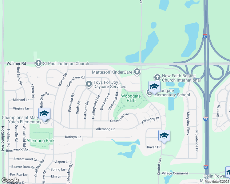 map of restaurants, bars, coffee shops, grocery stores, and more near 48 Cloverleaf Road in Matteson