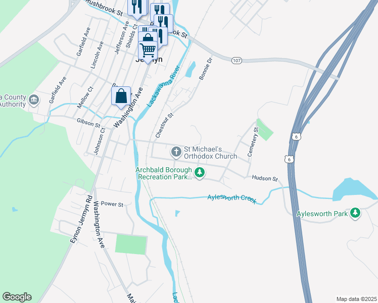 map of restaurants, bars, coffee shops, grocery stores, and more near 301 Elm St in Jermyn