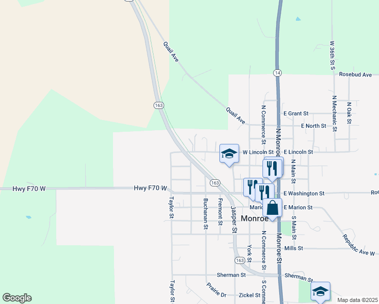 map of restaurants, bars, coffee shops, grocery stores, and more near 505 West Lincoln Street in Monroe