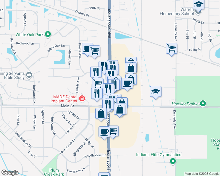 map of restaurants, bars, coffee shops, grocery stores, and more near 10353 Indianapolis Boulevard in Highland