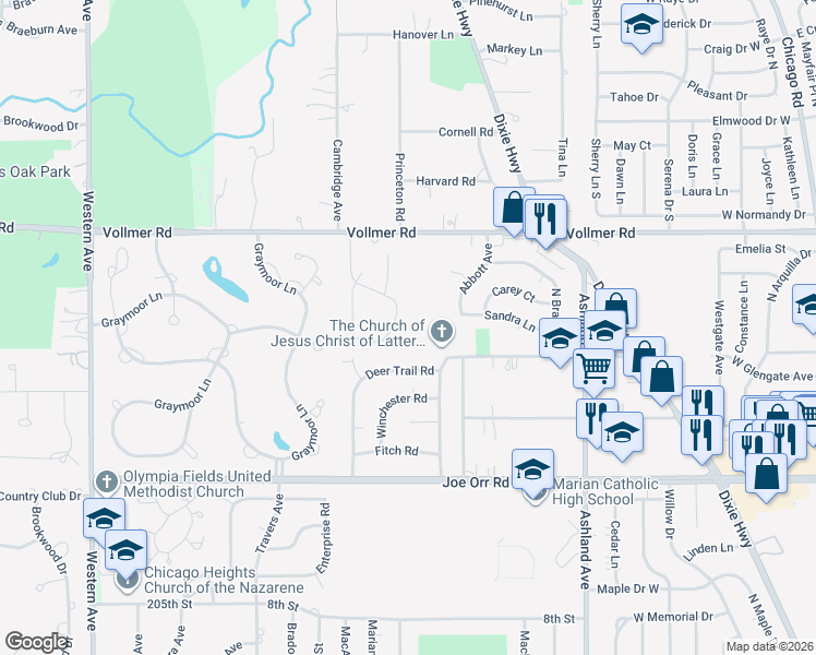 map of restaurants, bars, coffee shops, grocery stores, and more near 402 Longwood Drive in Chicago Heights