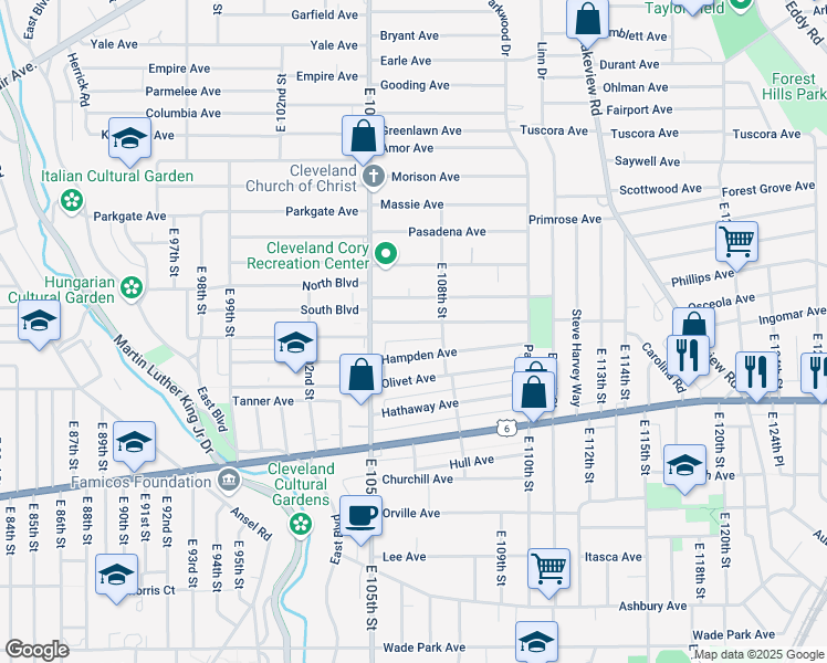 map of restaurants, bars, coffee shops, grocery stores, and more near 10622 Tacoma Avenue in Cleveland