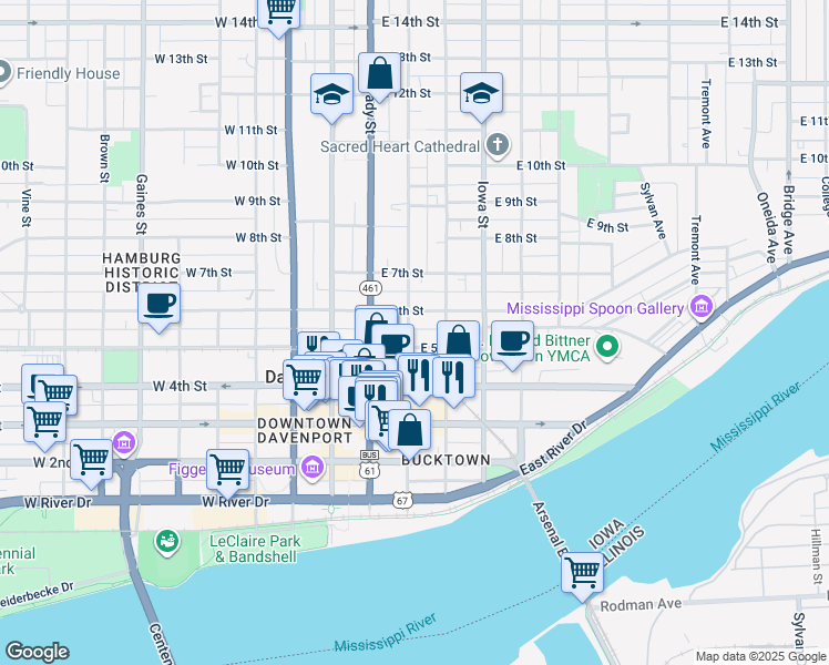 map of restaurants, bars, coffee shops, grocery stores, and more near 422 North Perry Street in Davenport