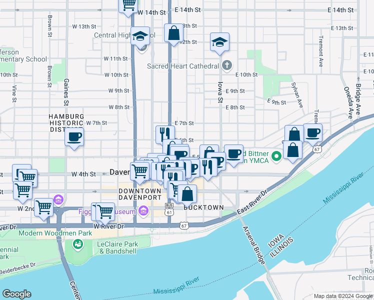 map of restaurants, bars, coffee shops, grocery stores, and more near 511 North Perry Street in Davenport