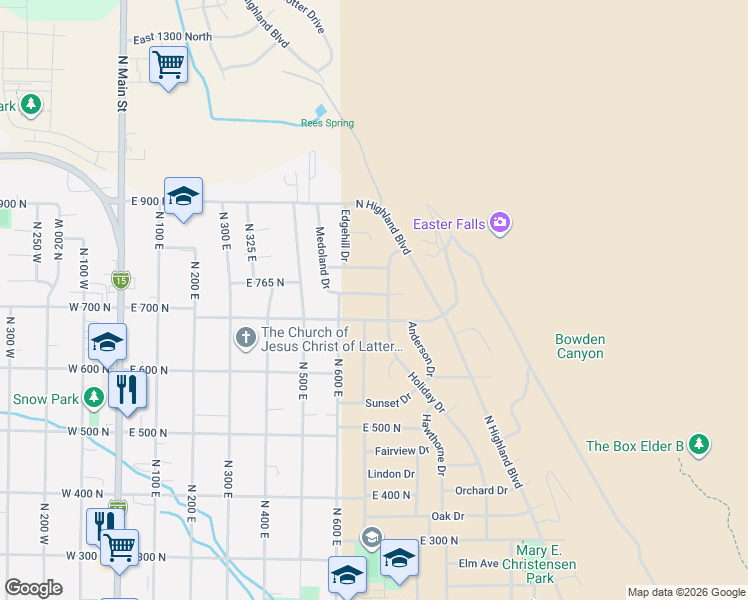 map of restaurants, bars, coffee shops, grocery stores, and more near 653 East 700 North in Brigham City
