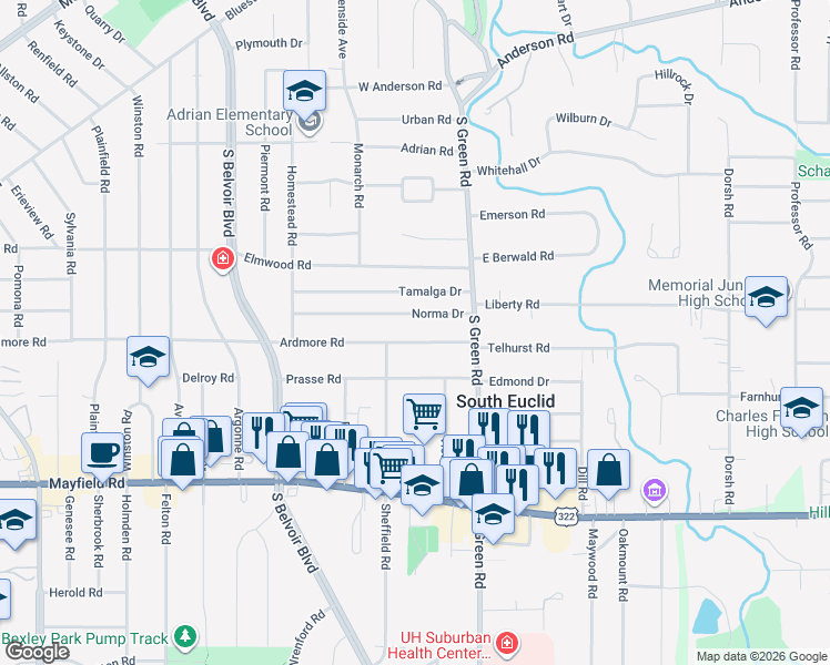 map of restaurants, bars, coffee shops, grocery stores, and more near 4392 Ardmore Road in South Euclid