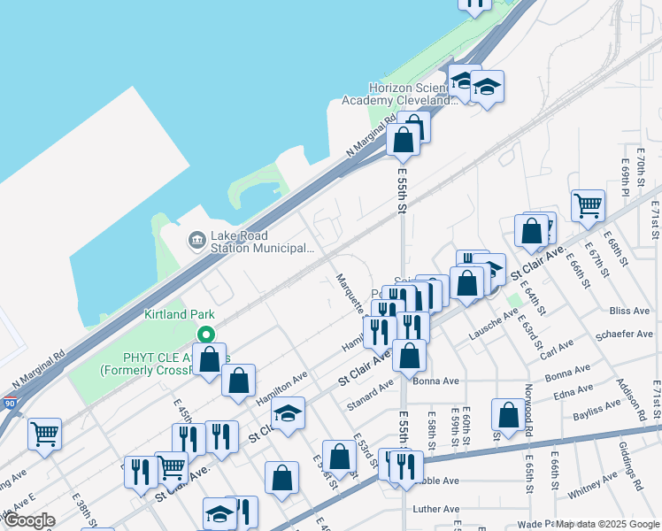 map of restaurants, bars, coffee shops, grocery stores, and more near 1160 Marquette Street in Cleveland