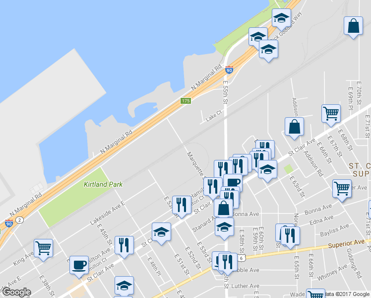 map of restaurants, bars, coffee shops, grocery stores, and more near 1160 Marquette Street in Cleveland
