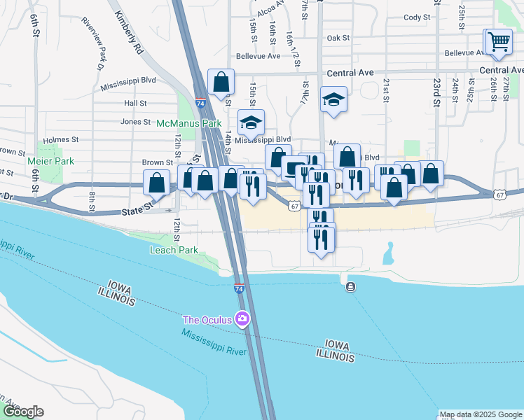 map of restaurants, bars, coffee shops, grocery stores, and more near 221 15th Street in Bettendorf