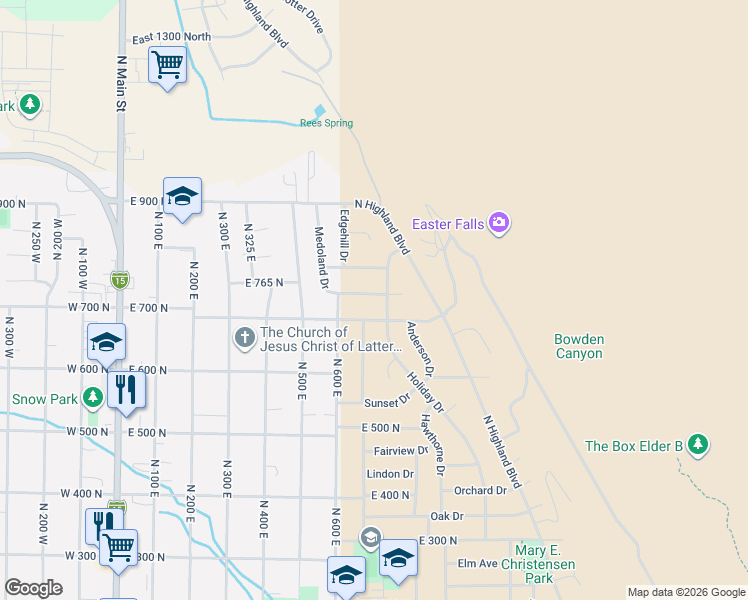 map of restaurants, bars, coffee shops, grocery stores, and more near 653 East 700 North in Brigham City