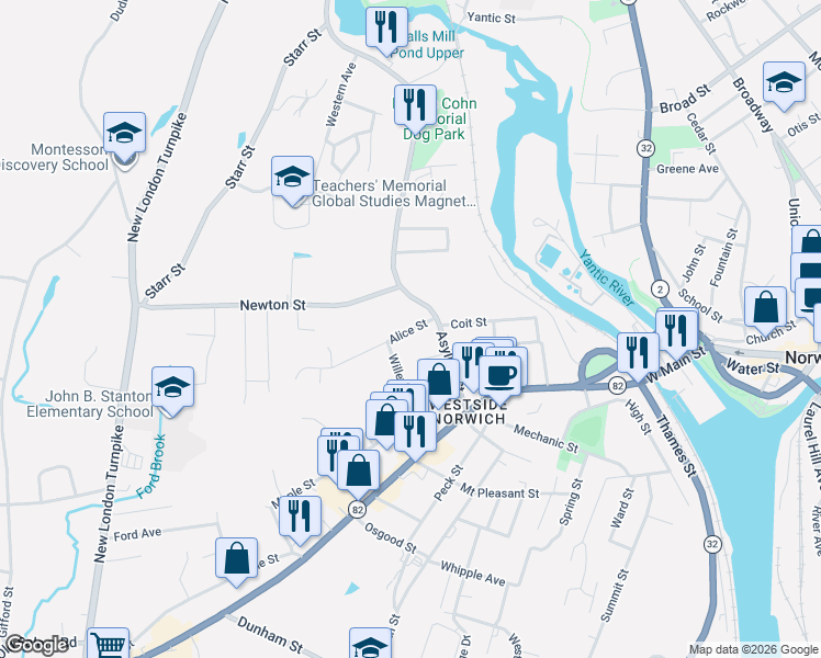 map of restaurants, bars, coffee shops, grocery stores, and more near 5 Pearl Street in Norwich