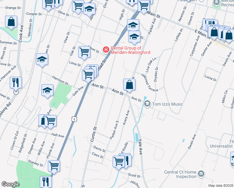 map of restaurants, bars, coffee shops, grocery stores, and more near 331 Parker Avenue South in Meriden