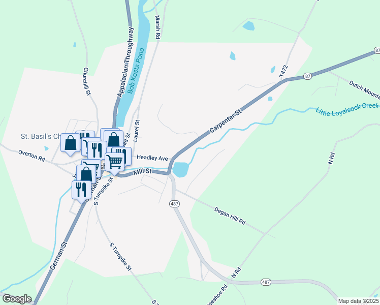 map of restaurants, bars, coffee shops, grocery stores, and more near 116 Carpenter Street in Dushore