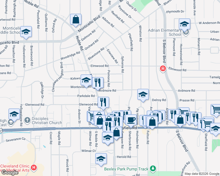 map of restaurants, bars, coffee shops, grocery stores, and more near 3982 Ardmore Road in Cleveland Heights