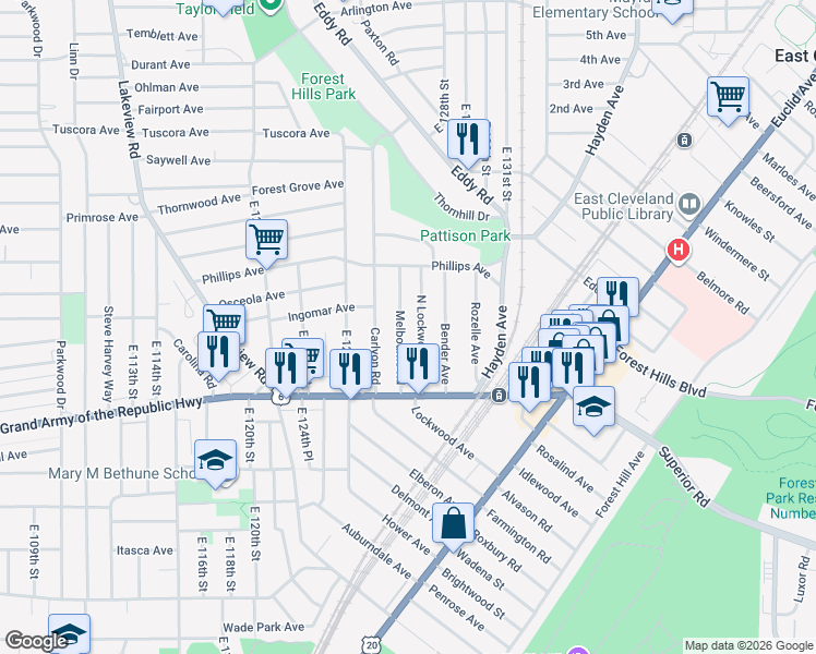 map of restaurants, bars, coffee shops, grocery stores, and more near 1252 North Lockwood Avenue in East Cleveland