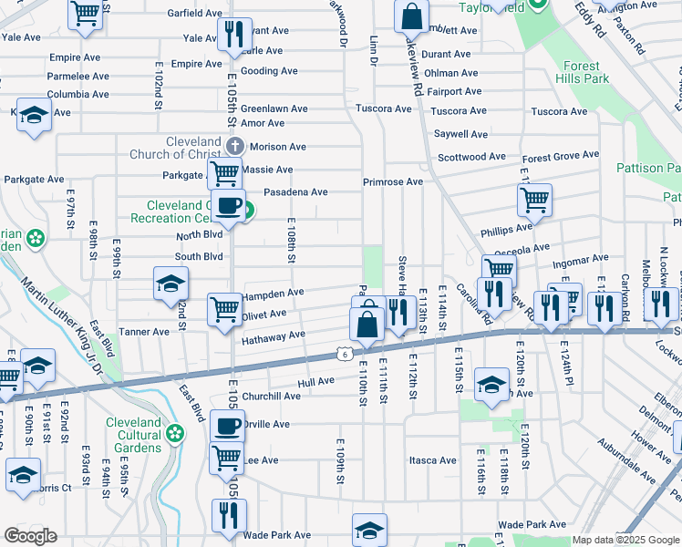 map of restaurants, bars, coffee shops, grocery stores, and more near 10916 Hampden Avenue in Cleveland