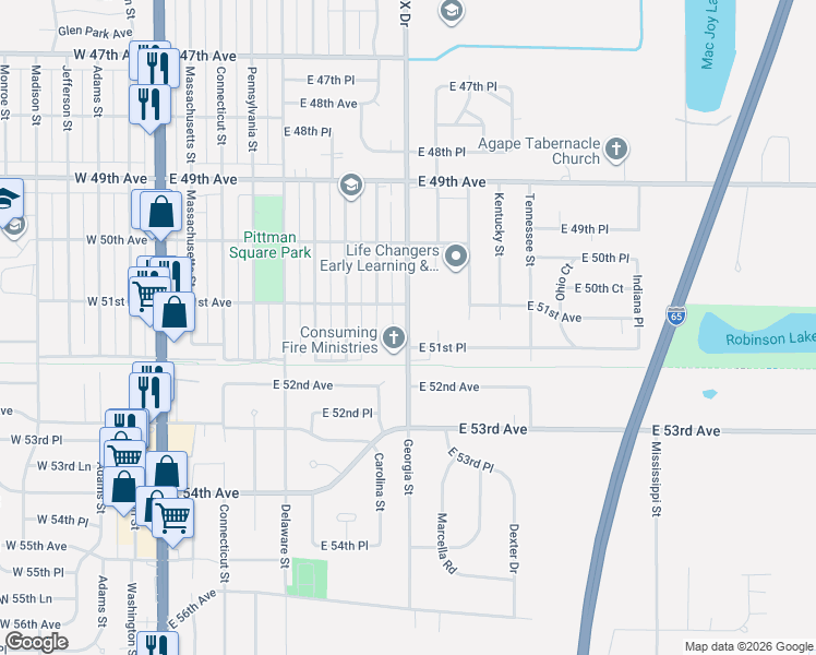 map of restaurants, bars, coffee shops, grocery stores, and more near 5116 Georgia Street in Gary