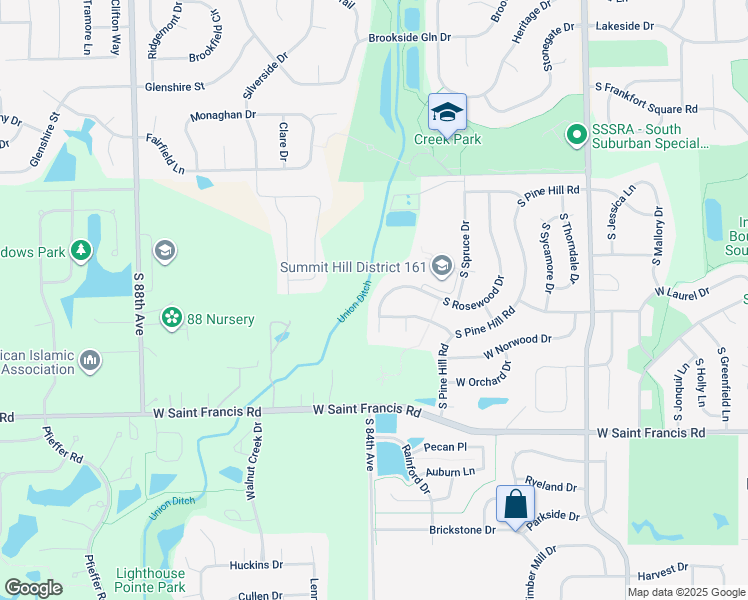 map of restaurants, bars, coffee shops, grocery stores, and more near 20208 South Rosewood Drive in Frankfort