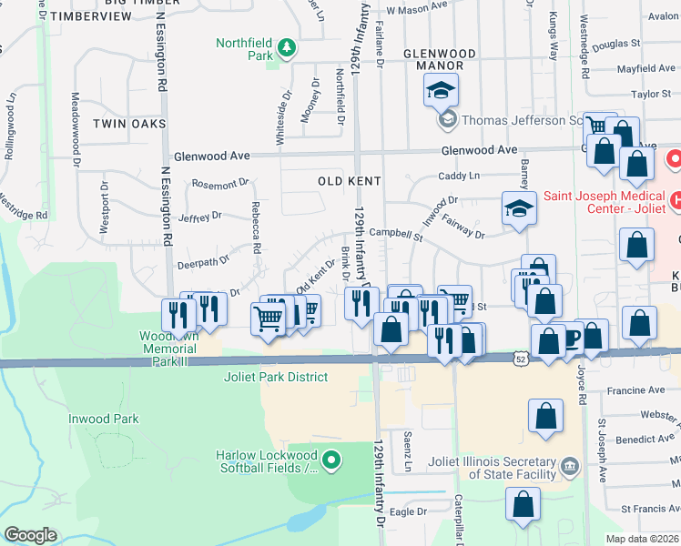 map of restaurants, bars, coffee shops, grocery stores, and more near 2817 Richmond Street in Joliet