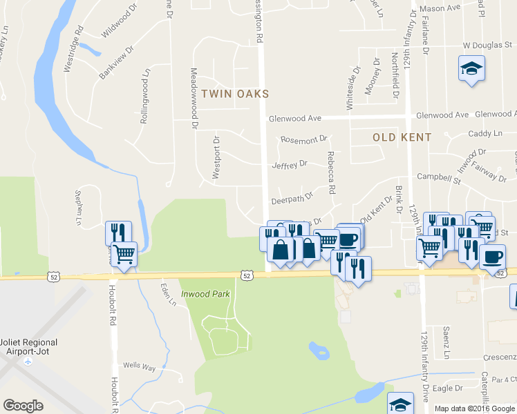 map of restaurants, bars, coffee shops, grocery stores, and more near 112 Twin Oaks Drive in Joliet
