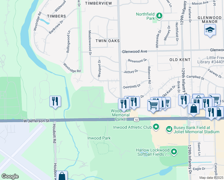 map of restaurants, bars, coffee shops, grocery stores, and more near 112 Twin Oaks Drive in Joliet