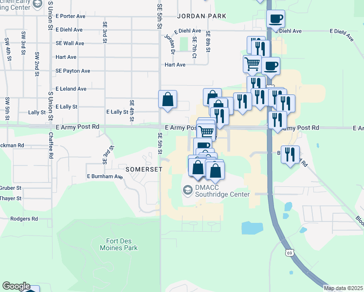 map of restaurants, bars, coffee shops, grocery stores, and more near 695 East Army Post Road in Des Moines