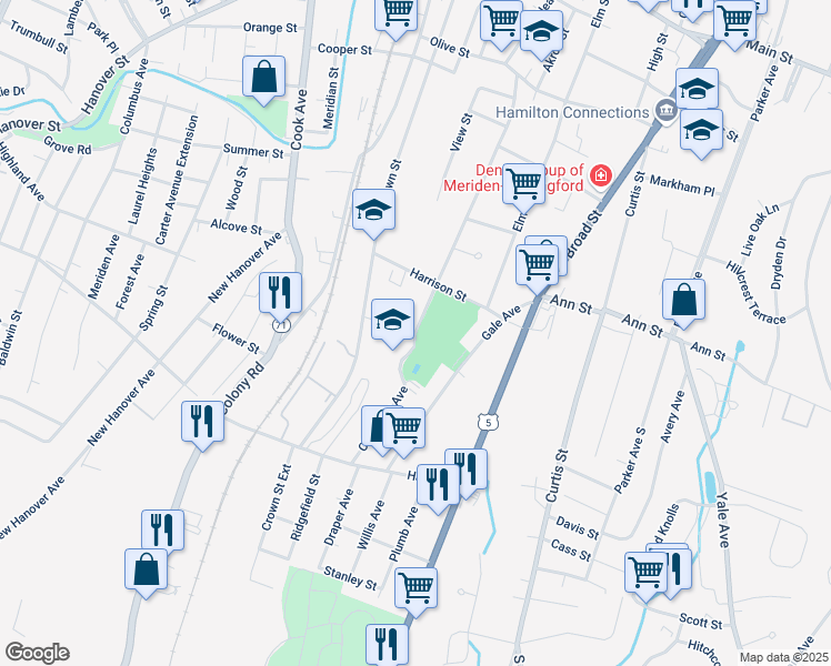 map of restaurants, bars, coffee shops, grocery stores, and more near 100 Clearview Avenue in Meriden