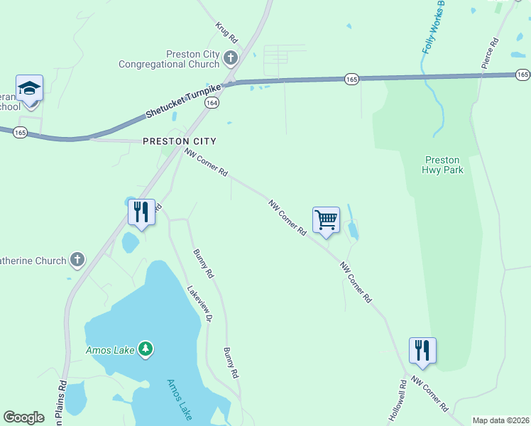map of restaurants, bars, coffee shops, grocery stores, and more near 36 Northwest Corner Road in Preston
