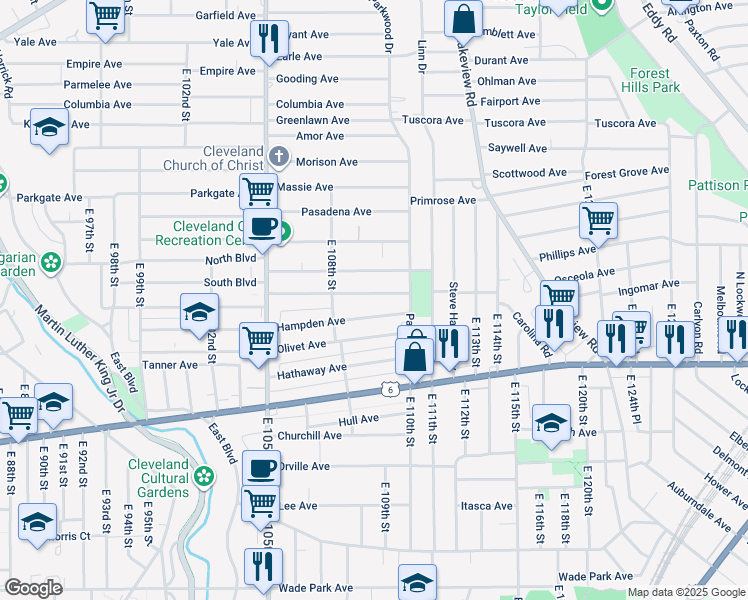 map of restaurants, bars, coffee shops, grocery stores, and more near 10916 Hampden Avenue in Cleveland