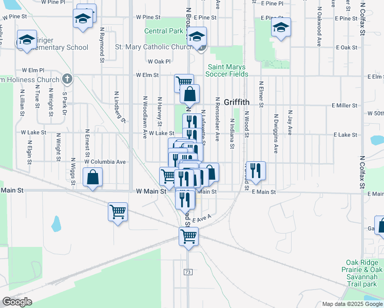 map of restaurants, bars, coffee shops, grocery stores, and more near in Griffith