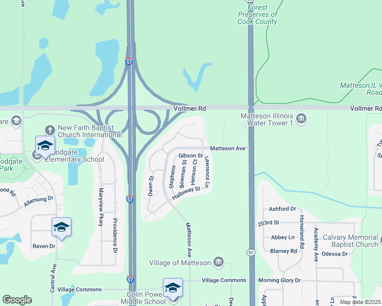 map of restaurants, bars, coffee shops, grocery stores, and more near 5004 Gibson Street in Matteson