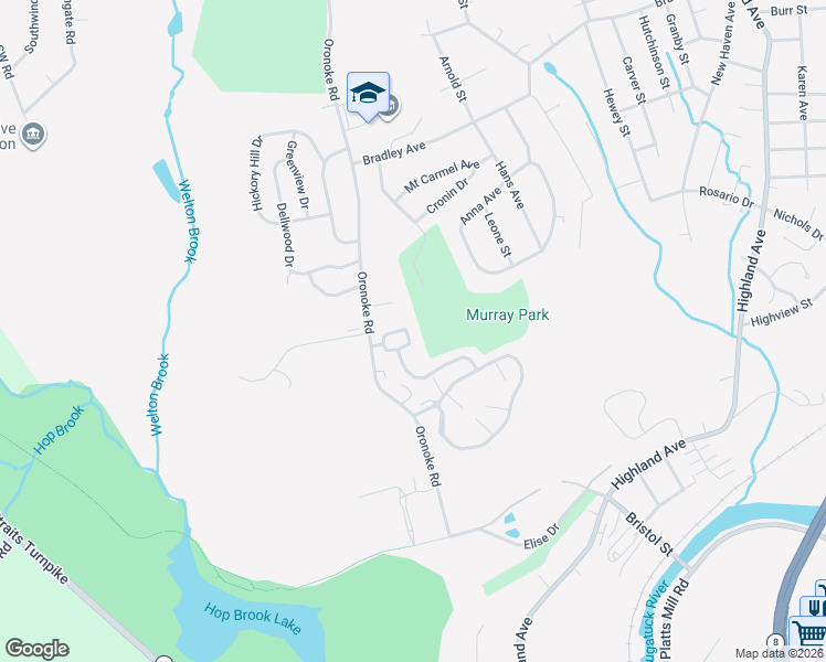 map of restaurants, bars, coffee shops, grocery stores, and more near 855 Oronoke Road in Waterbury