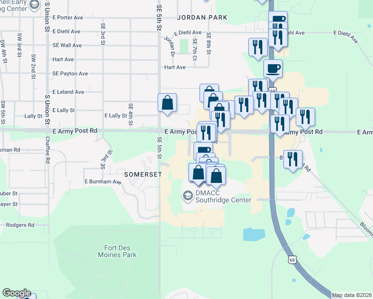 map of restaurants, bars, coffee shops, grocery stores, and more near 695 East Army Post Road in Des Moines
