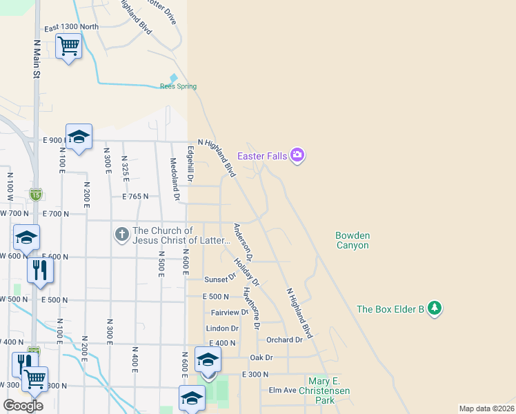 map of restaurants, bars, coffee shops, grocery stores, and more near 728 North Highland Boulevard in Brigham City