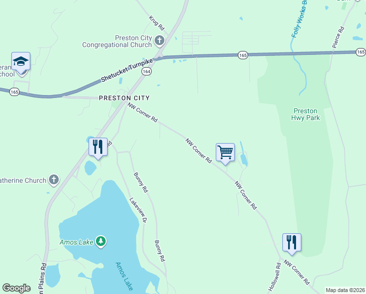 map of restaurants, bars, coffee shops, grocery stores, and more near 36 Northwest Corner Road in Preston